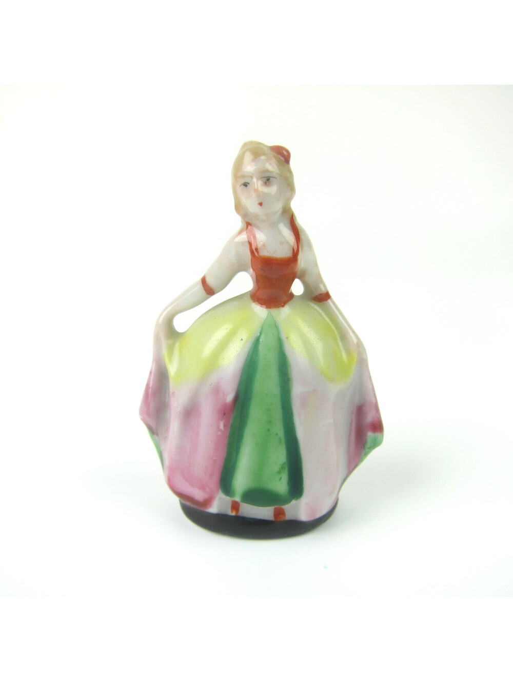Vintage Porcelain Figurine Young Lady Dancing Red Yellow Green Pink Dress Japan